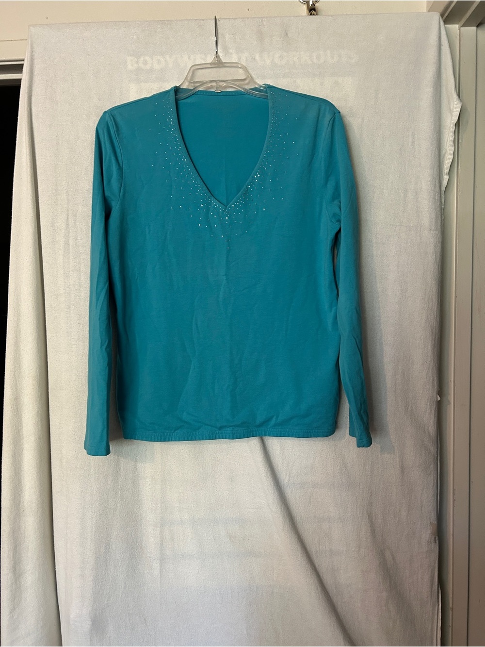 White House Black Market Teal V-Neck Long Sleeve Top with Rhinestone Accents
